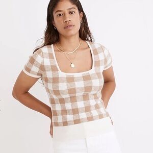 Madewell Checkered Short Sleeve Top in Beige and White